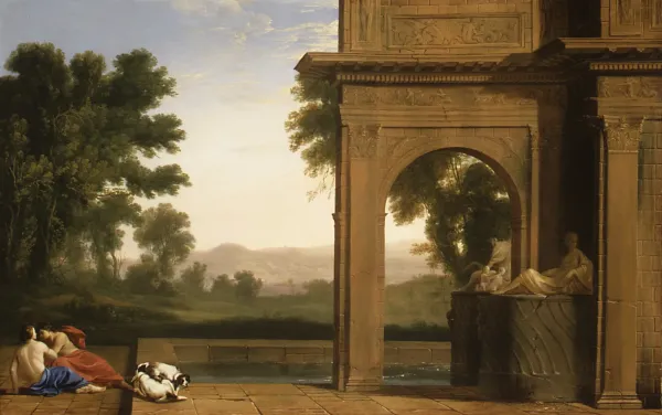 A landscape painting of two figures reclining next to a classical archway in a pastoral landscape.
