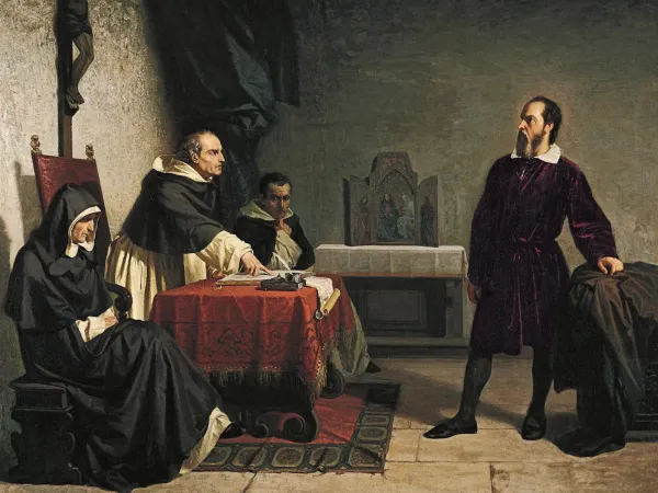 An oil painting of Galileo, being confronted by three seated inquisitors.