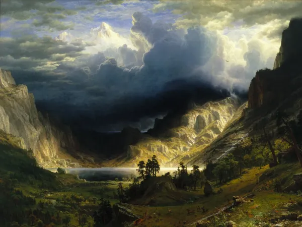 A dark oil painting of a storm above some rocky mountains.